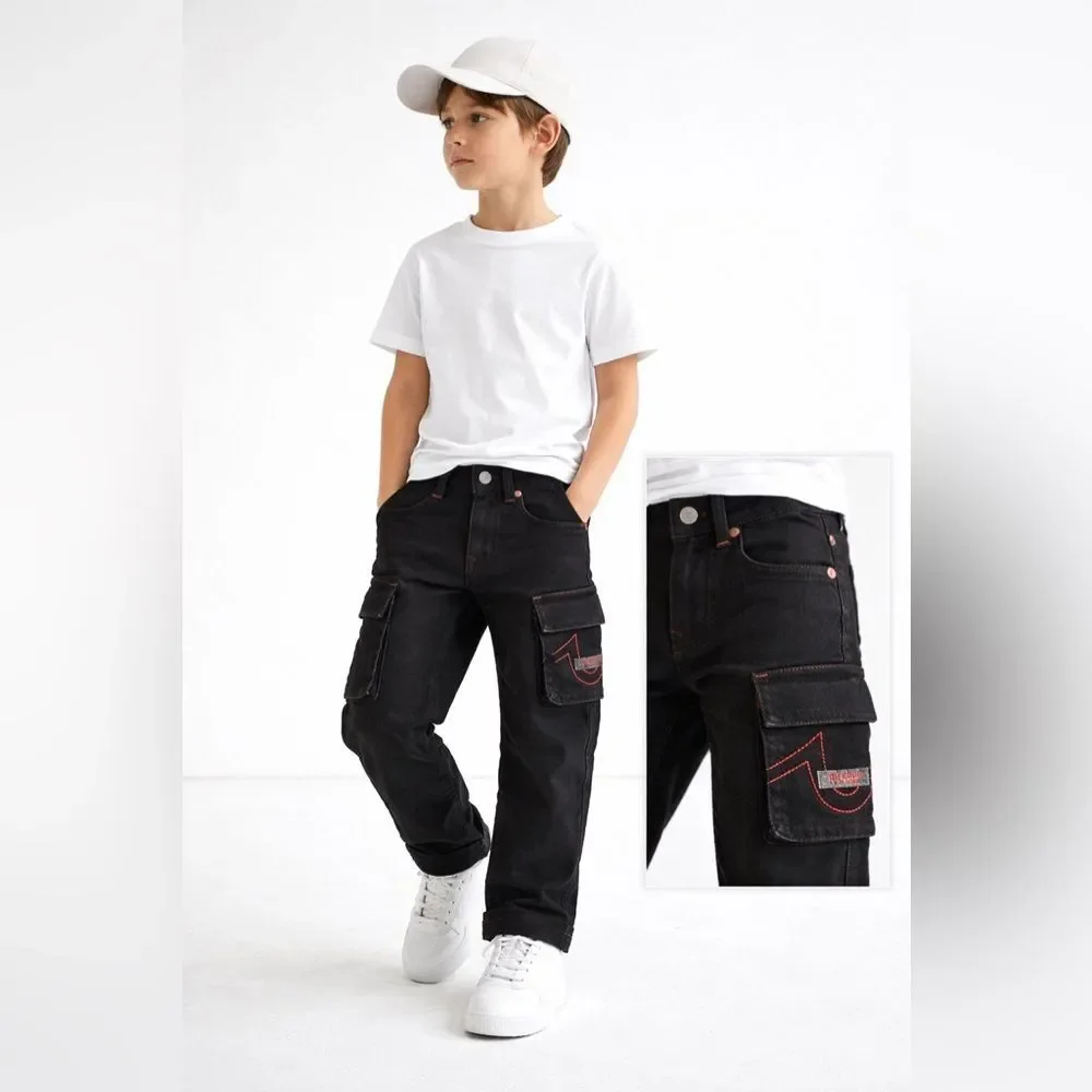 True Religion Black Kids Cargo Jeans with Red Stitching Sz 12 NWT